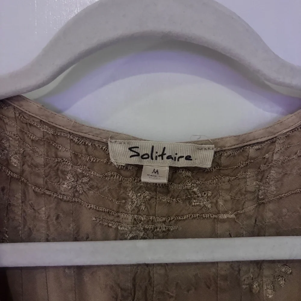 Solitaire Tan Embroidered Rayon Tunic Top Boho Pleated Split Neck Medium